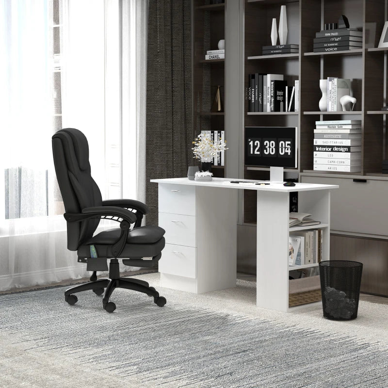 Modern White Computer Desk with 3 Storage Shelves & Drawers, Stylish Writing Table for Home Office, Silver Handle