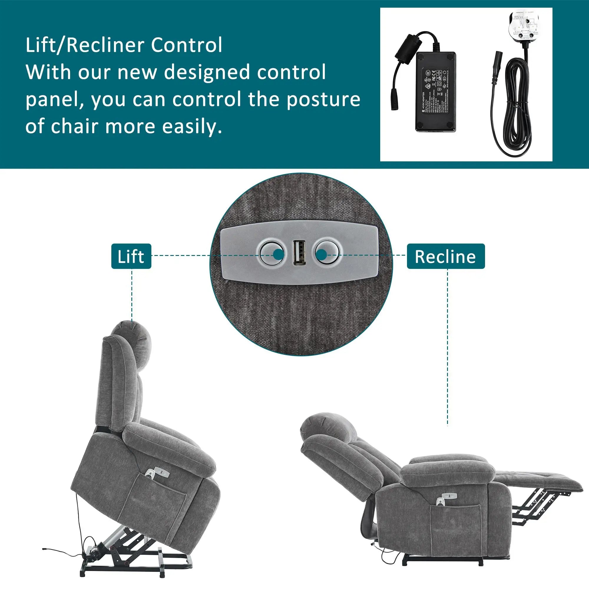 RelaxMax ProLift Electric Recliner – Heated Massage Chair with USB Ports, Storage Pocket & Easy Assembly, 95×94×107 cm, Grey
