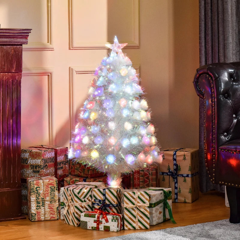 3FT Pre-Lit White Artificial Christmas Tree with Fibre Optic LED Lights - Festive Holiday Home Decoration