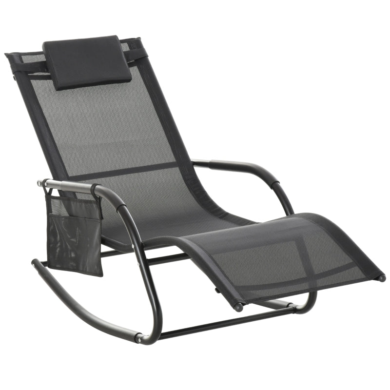 Black Outdoor Rocking Chair with Mesh Fabric, Headrest, Armrest, Storage Bag