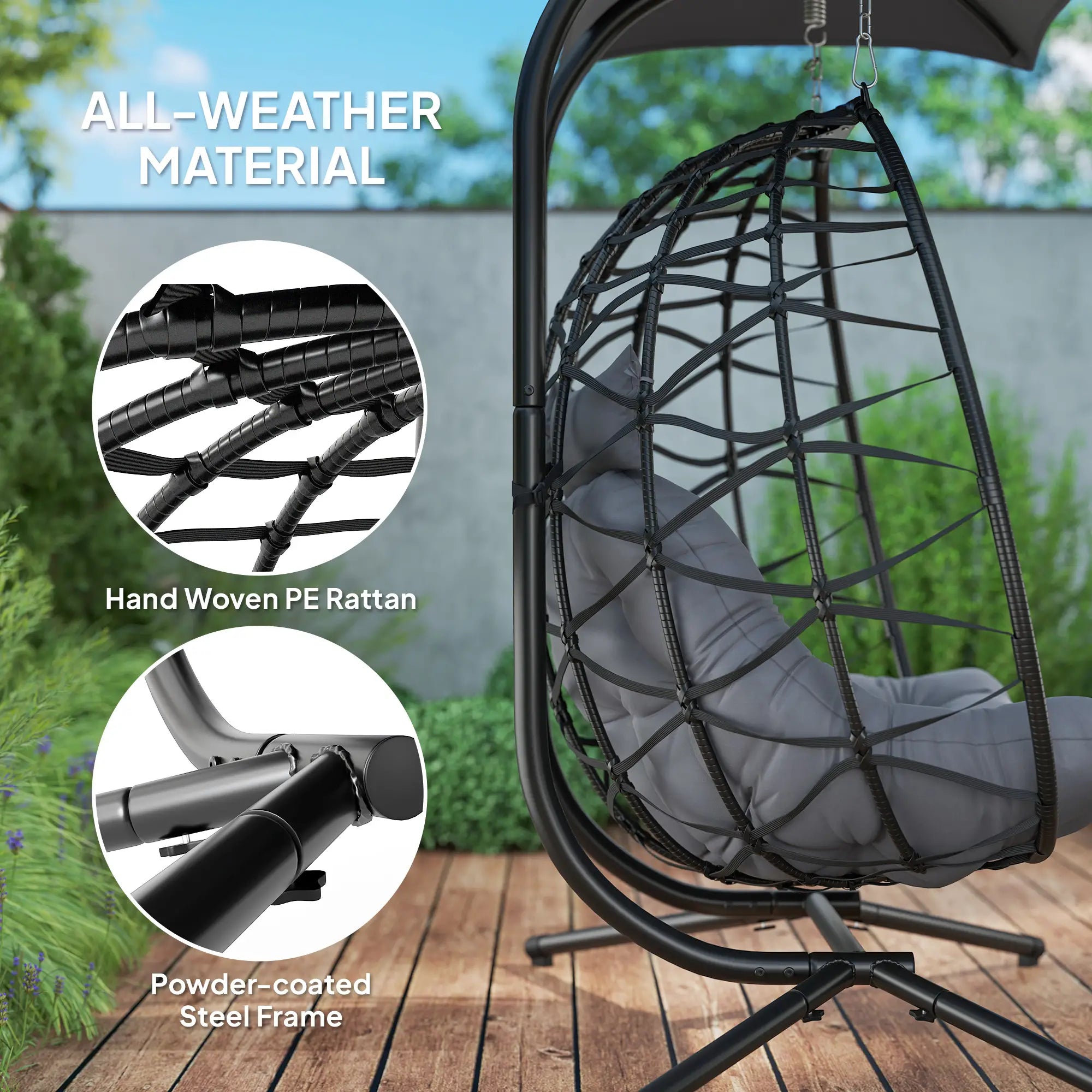 Rattan Double Hanging Egg Chair with Canopy - Foldable Swing/Egg Chair with Cushion, Head Pillows, Stand & Steel Frame