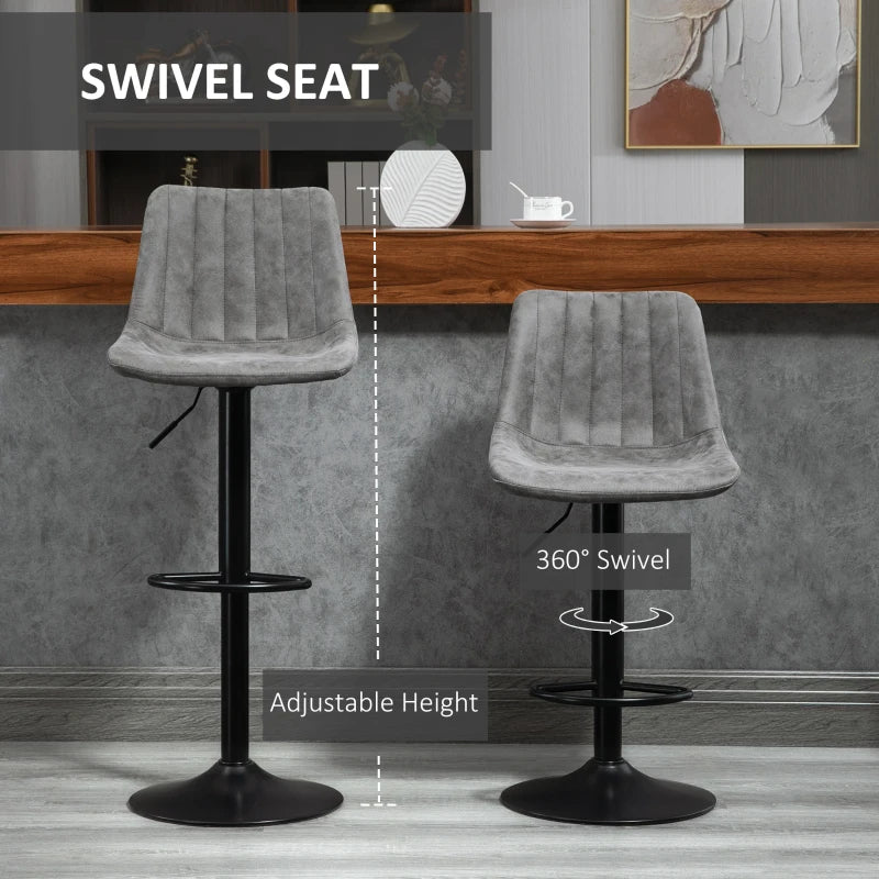 Adjustable Height Breakfast Bar Stools Set of 2 - Grey Leather Upholstery, 59-80cm Gas Lift Design