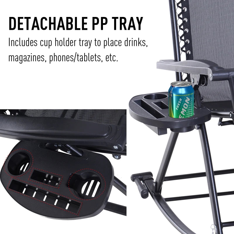 Black Foldable Outdoor Rocking Chair with Sun Lounger and Cup Holder