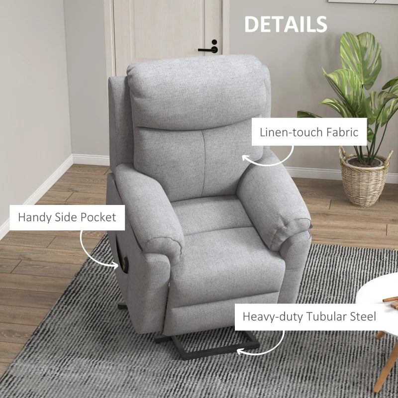Electric Power Lift Recliner Chair for Elderly, Overstuffed Linen Fabric Armchair with Remote Control and Side Pockets, Grey