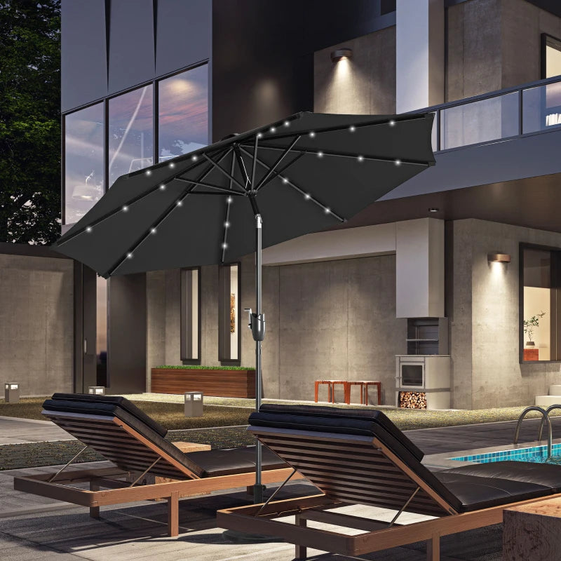 Black Solar LED Garden Parasol with Tilt Function - 2.7m