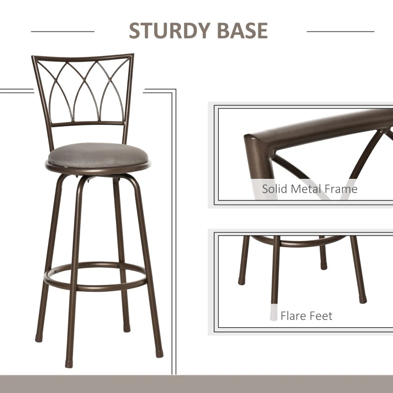 Set of 2 Swivel Bar Chairs - Armless Upholstered Metal Frame Barstools with Backrest & Footrest in Bronze