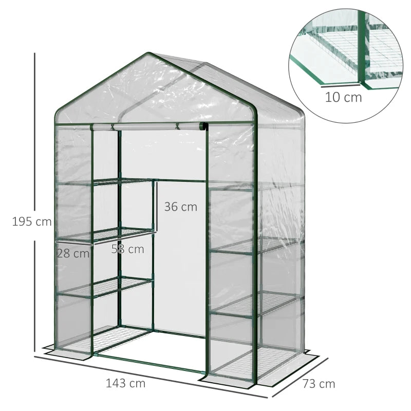 4-Tier Green Walk-in Greenhouse with Roll-up Door, Steel Frame, 143x73x195cm