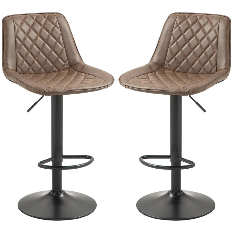 Retro Adjustable Bar Stools Set of 2 - Swivel PU Leather Kitchen Chairs with Back, Footrest & Steel Base - Brown