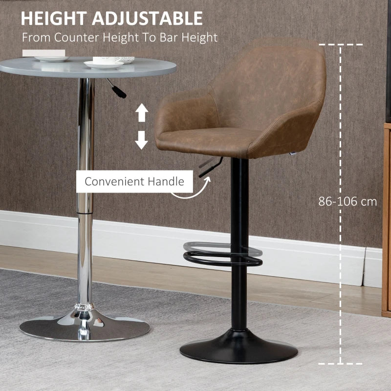 Set of 2 Height Adjustable Swivel Bar Stools with Backs, Armrests & Footrest - Dark Brown PU Leather Kitchen Seating