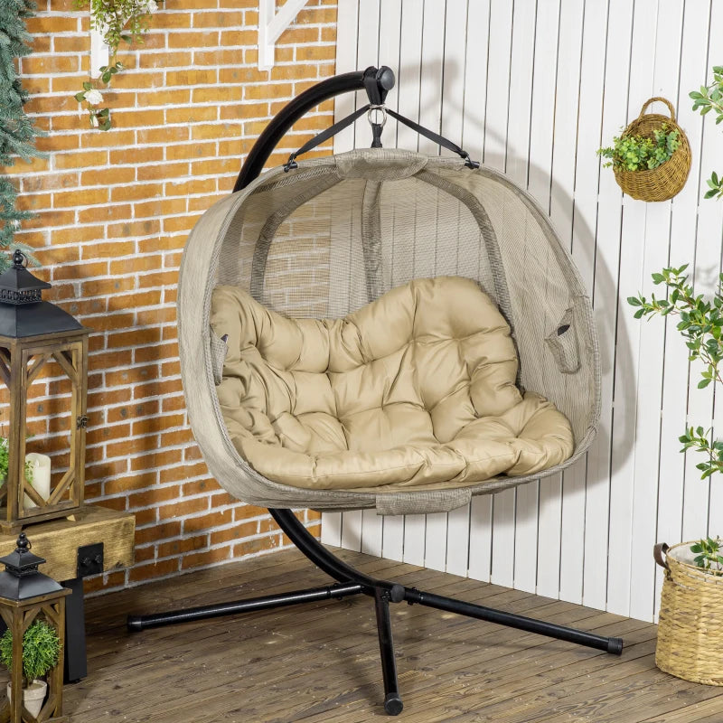 Brown Double Seater Texteline Swing Hammock Chair with Stand and Cushion