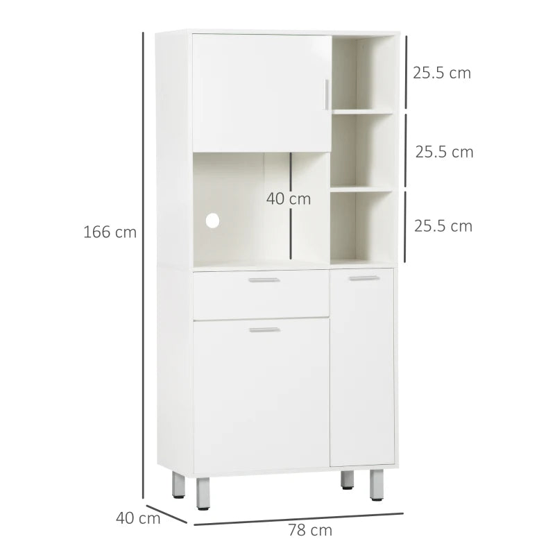 Modern White Kitchen Cupboard - Free Standing Storage Cabinet with Shelves & Drawer, 166 cm Tall Kitchen Unit
