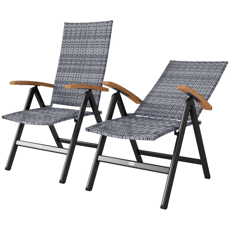 2-Piece Folding Rattan Garden Dining Chairs Set - 5-Level Reclining High Back, Wood Armrests, Outdoor Light Grey