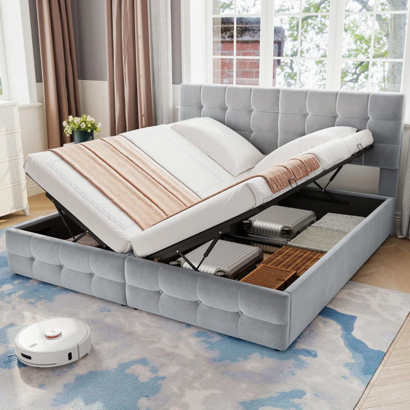 Velvet Upholstered Double Bed with Hydraulic Lift Storage Iron Frame Grey 197x181x105 cm