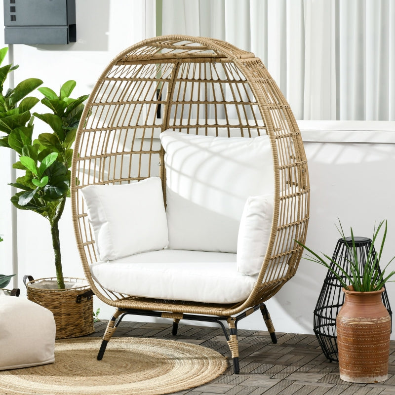 Khaki Rattan Teardrop Egg Chair with Padded Cushions
