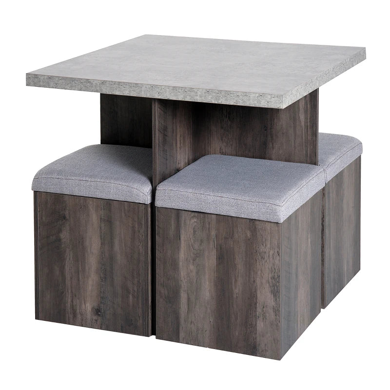 5PC Wooden Dining Set for Garden & Patio - Space Saving Design with 4 Storage Stools, Footrest Ottoman & Cushions