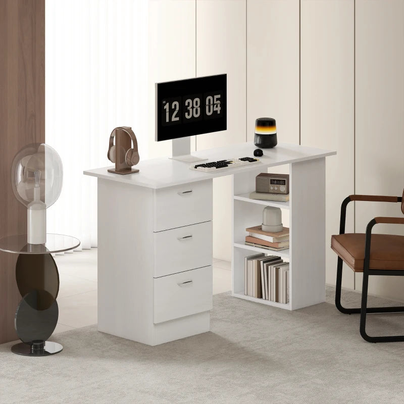 Modern White Computer Desk with 3 Storage Shelves & Drawers, Stylish Writing Table for Home Office, Silver Handle