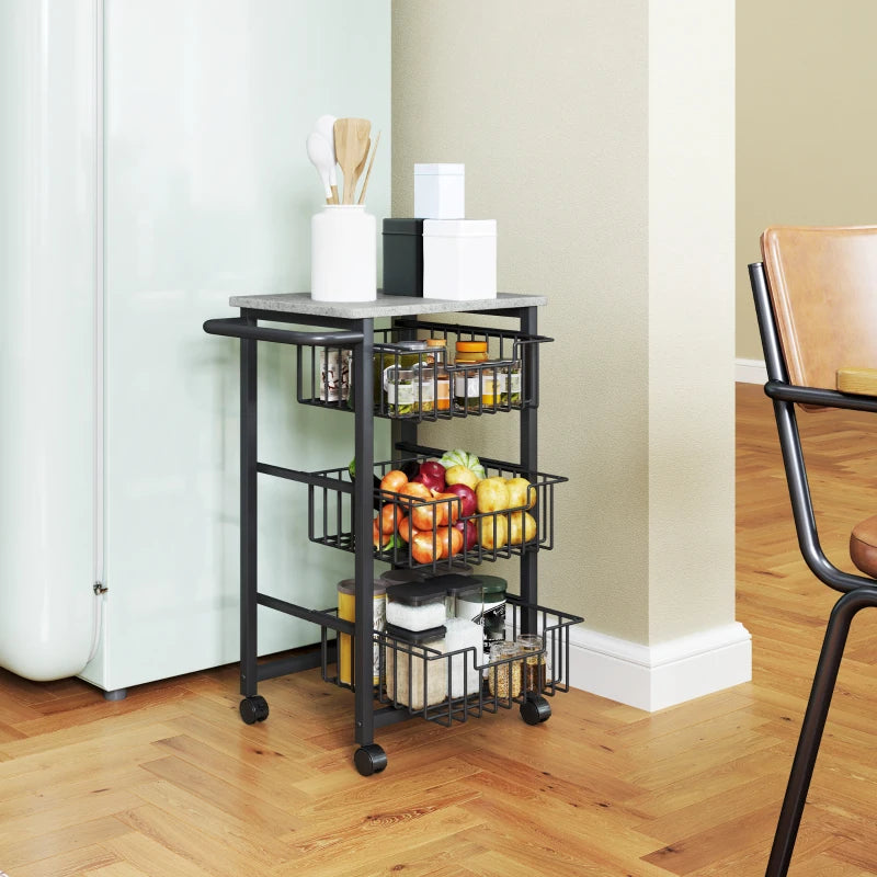 Three Basket Mobile Kitchen Island with Brakes - Stylish Grey/Black Storage Solution for Home Cooking and Dining