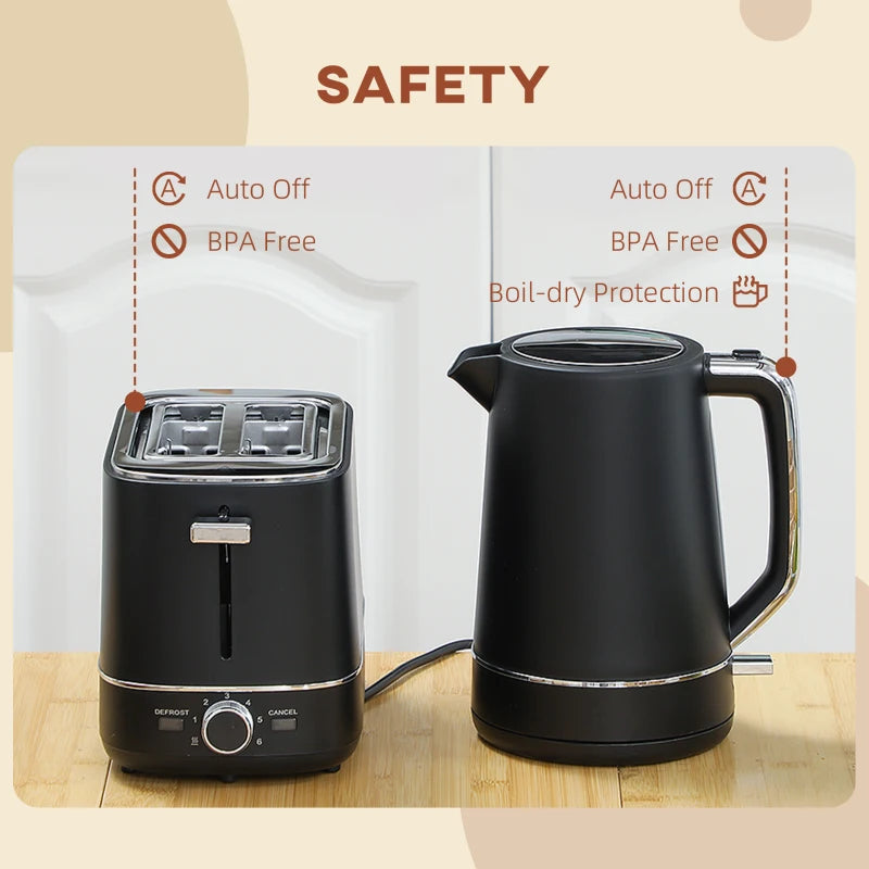 Premium Black Kettle and Toaster Set - 1.7L Fast Boil 3000W Kettle & 2 Slice Toaster with 6 Browning Levels