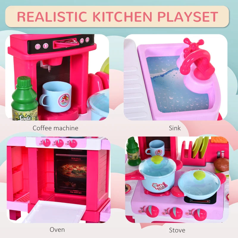 38-Piece Kids Kitchen Play Set with Realistic Sounds & Lights - Food, Utensils, Pots, Pans & Appliances - Pink Toy Game