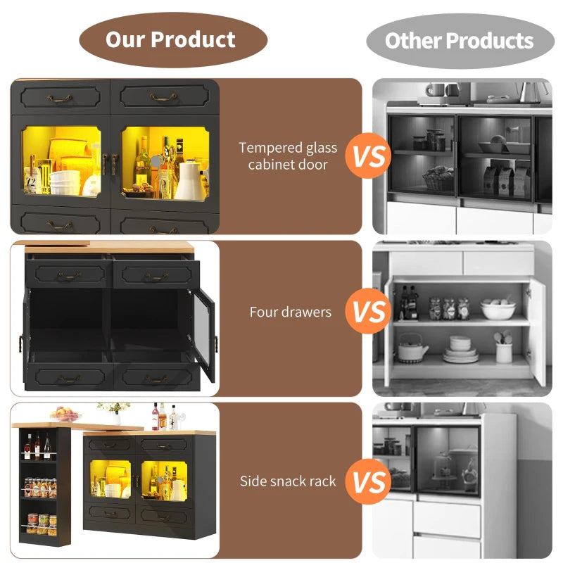 360° Rotating Bar Table with Spice Rack & Extendable Kitchen Island - 4 Drawers, Black, 135-203L x 39W x 93H cm