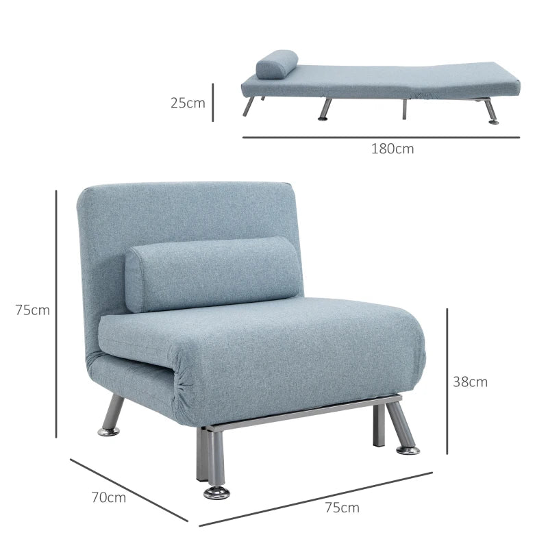 3-in-1 Convertible Linen Chair Bed with Adjustable Backrest and Pillow for Living Room or Bedroom in Sky Blue