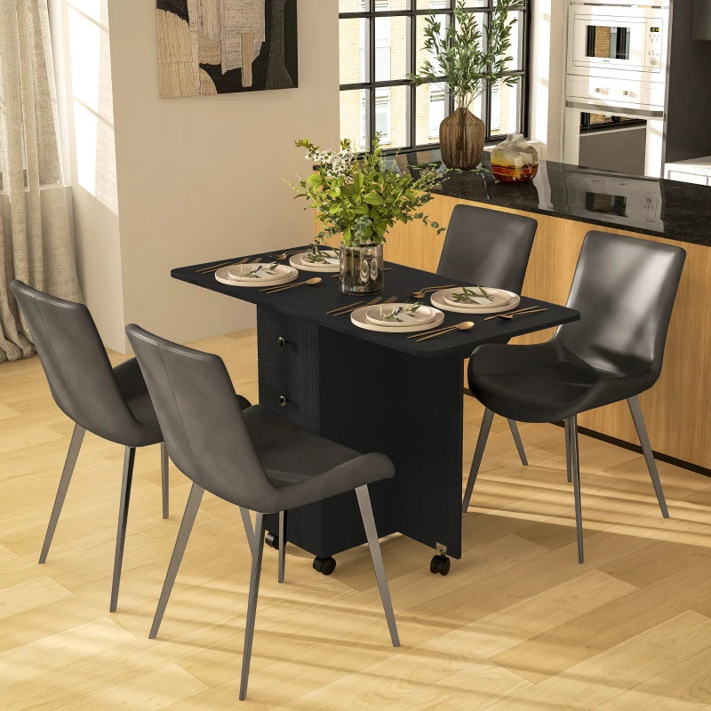 Multi-Storage Six-Person Drop Leaf Dining Table in Distressed Black Finish