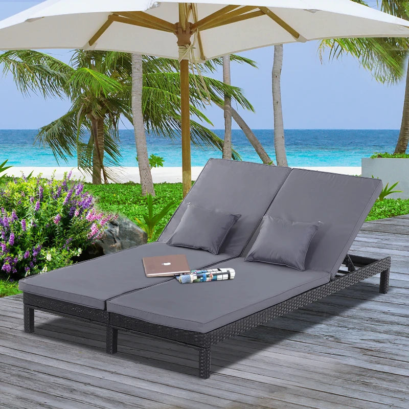 Black Rattan Double Chaise Lounger with Cushion