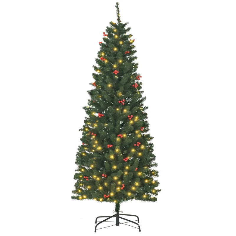 6FT Prelit Artificial Pencil Christmas Tree with Warm White LED Lights & Red Berries - Festive Holiday Home Decoration