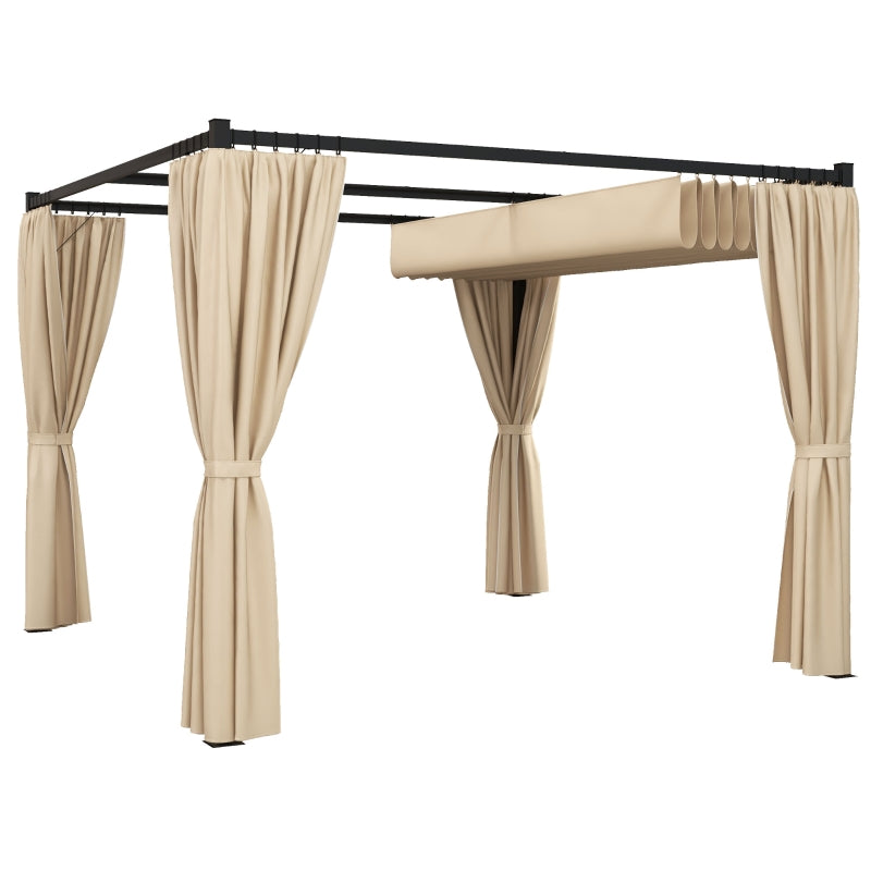 Beige Retractable Garden Pergola with Curtains - 3x3m