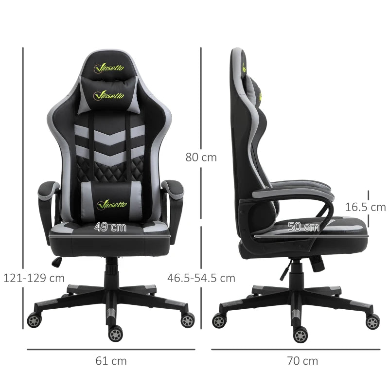 Vinsetto Gaming Chair - Ergonomic Computer Desk Chair with Lumbar Support, Faux Leather, Headrest & Swivel Wheels - Black Grey