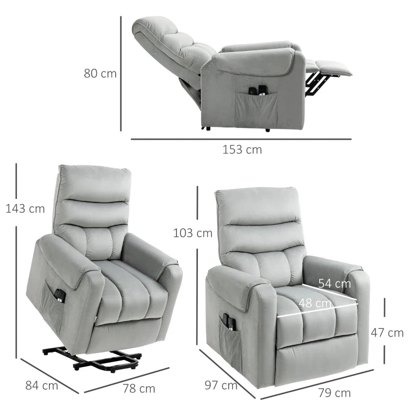 Electric Power Lift Recliner Chair with Vibration Massage, Remote Control and Side Pockets in Grey