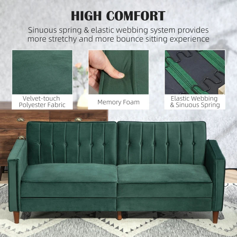 Velvet-Feel Green Three-Seater Sofa Bed for Stylish Living Room Comfort