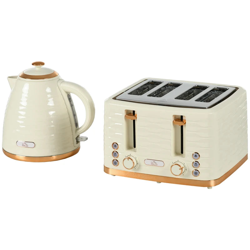 3000W Beige Kettle & 4 Slice Toaster Set - 1.7L Rapid Boil, 7 Browning Controls, Easy Clean Crumb Tray