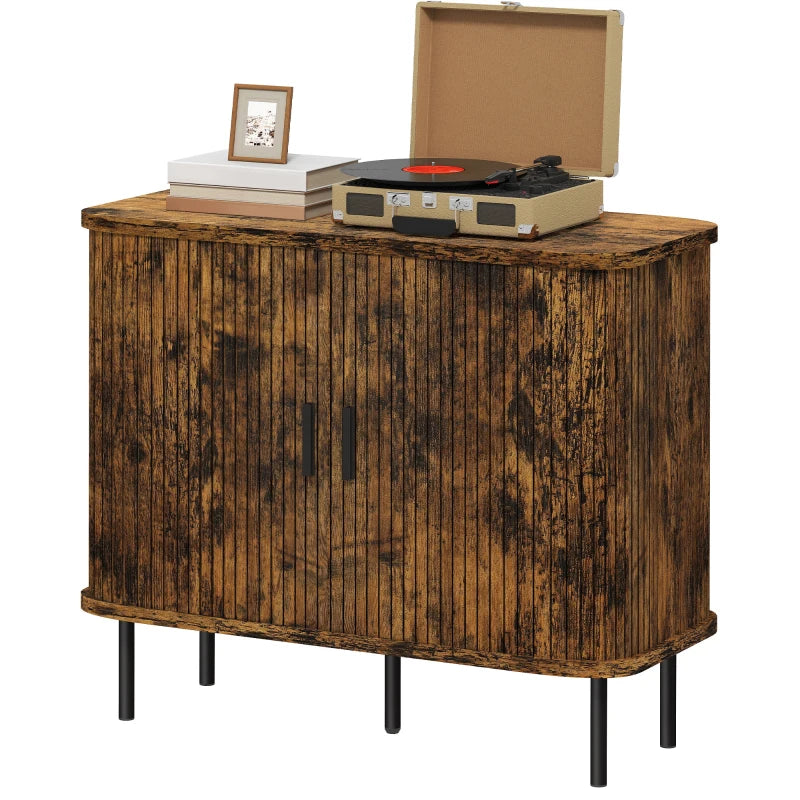 Mid-Century Modern Sideboard Storage Cabinet with Slatted Tambour Doors - Rustic Brown Kitchen Cabinet with Steel Legs