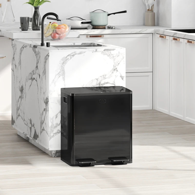 40L Dual Compartment Stainless Steel Bin with Deodoriser Holders - Glossy Black Trash Can for Kitchen & Home