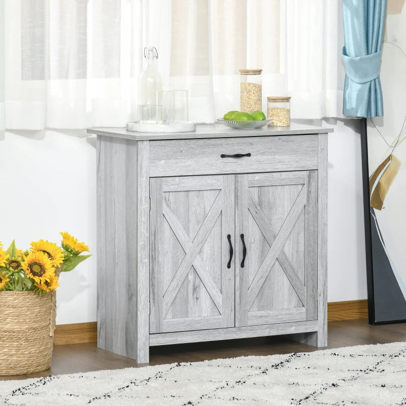 Farmhouse Barn Door Sideboard Storage Cabinet - Grey Grain Coffee Bar for Living Room - Rustic Home Decor