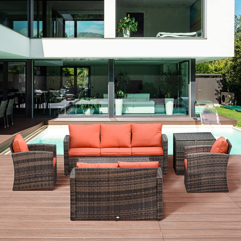 6-Piece Rattan Garden Furniture Set - 7-Seater Wicker Outdoor Sofa Set with Storage Tea Table & Side Table - Cushions Included