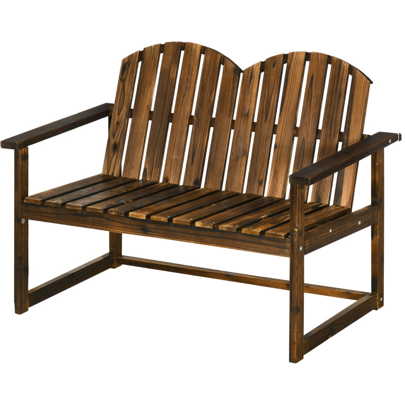 Carbonised Wooden Garden Bench for Two - Outdoor Loveseat Chair with Slatted Backrest and Armrests