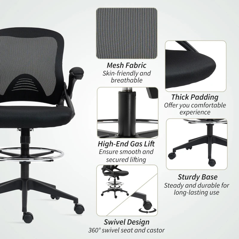 Vinsetto Adjustable Drafting Chair with Flip-Up Armrests, Mesh Office Stool, 360° Swivel, Foot Ring for Standing Desks - Black