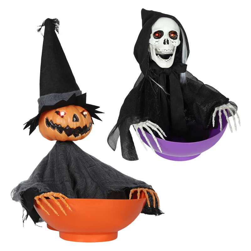 2pcs Animated Halloween Skull Bowl Set - LED Eyes, Moving Body, Creepy Sound - Skeleton Candy Dish for Party & Haunted House Decor