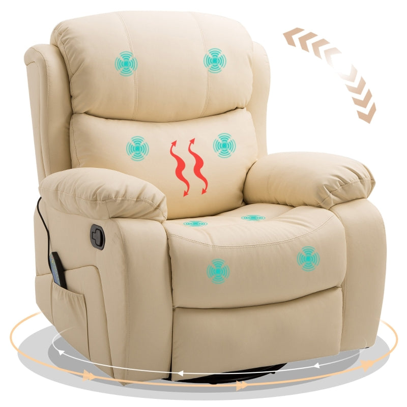 Beige PU Leather Reclining Chair with 8 Massage Points, Heat Function, Swivel Base and Footrest