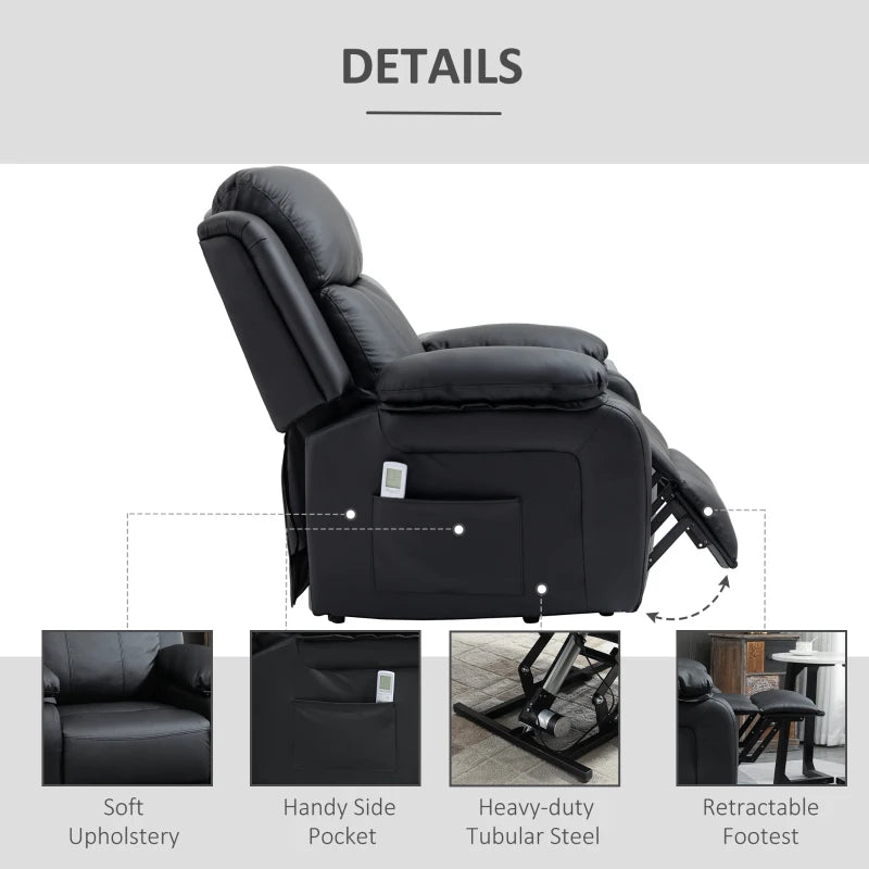 Electric Recliner Chair with Massage Function, Power Lift for Elderly, Remote Control, Extended Footrest, Dual Side Pockets, Overstuffed Design, Black