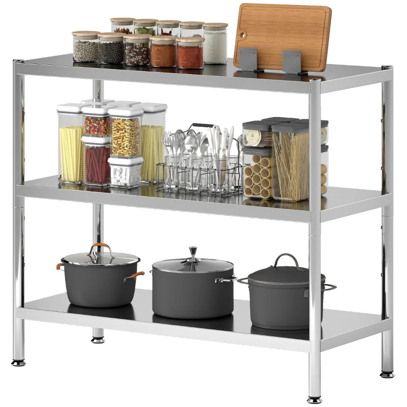 3-Tier Stainless Steel Bakers Rack with Adjustable Shelves - Kitchen Storage Unit for Spices, Pots & Pans - Silver Tone