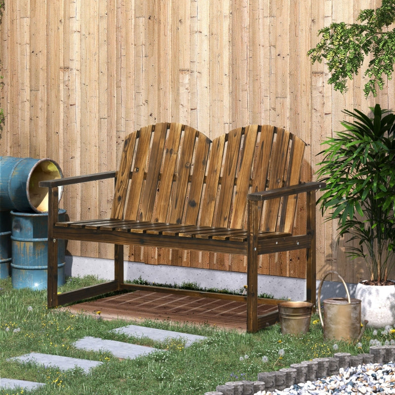 Carbonised Wooden Garden Bench for Two - Outdoor Loveseat Chair with Slatted Backrest and Armrests
