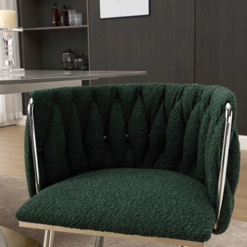 Set of 2 Modern Emerald Dining Chairs with Silver Legs, Hand-woven Backrest, Upholstered Boucle Armrests, 54x52x73 cm