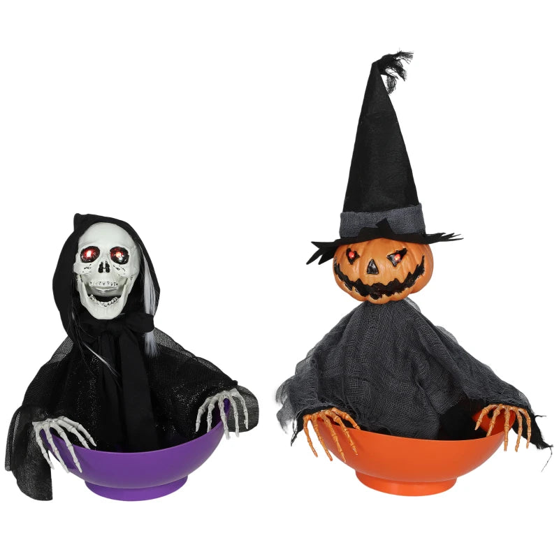 2pcs Animated Halloween Skull Bowl Set - LED Eyes, Moving Body, Creepy Sound - Skeleton Candy Dish for Party & Haunted House Decor