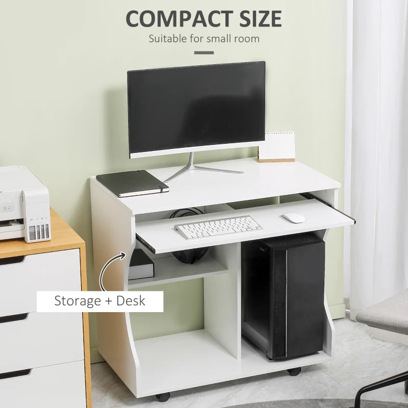 Multi-Storage Compact Work Desk on Wheels - Modern White Home Office Furniture for Small Spaces