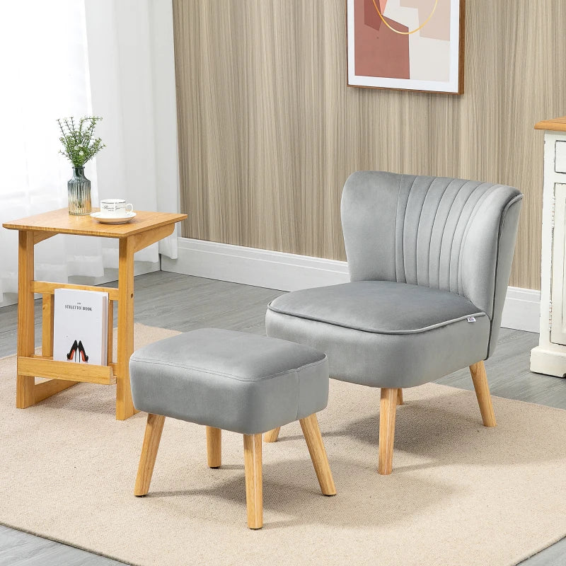 Velvet Accent Chair with Ottoman - Curved Back Tub Seat, Light Grey, Stylish Home Furniture