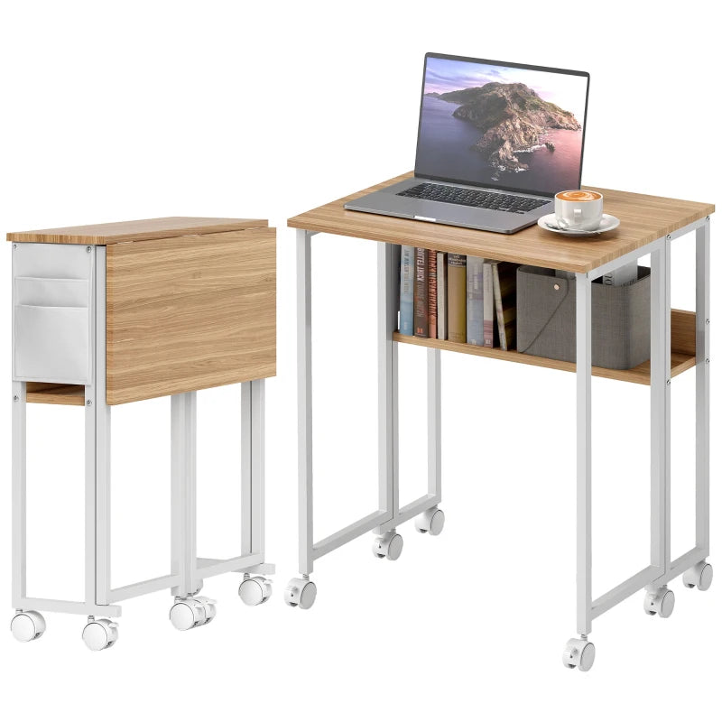 63 cm Drop Leaf Writing Desk - Natural Wood Finish, Compact Home Office Table, Space-Saving Design for Small Rooms