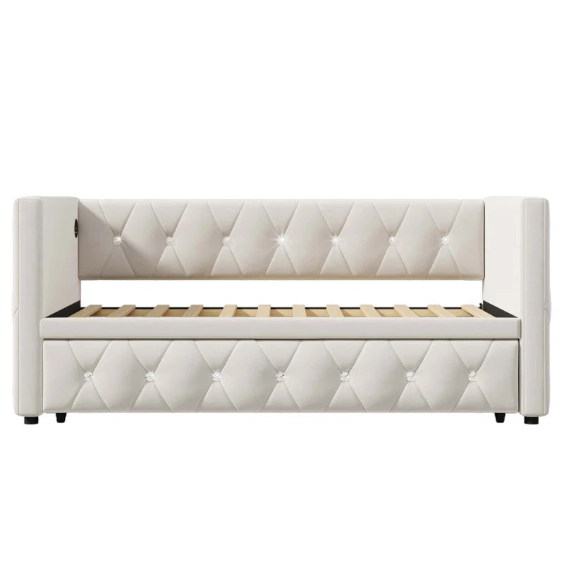 3 Seater Futon Bed with Fast Charging Ports and Removable Trundle for Overnight Guests Beige